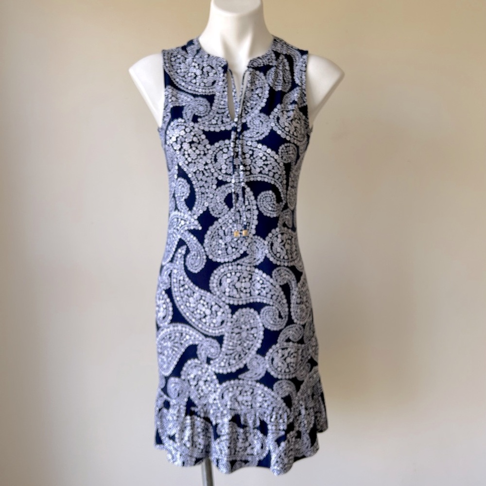 MICHAEL Michael Kors Ditsy Floral Paisley Ruffle Hem Shift Dress, Navy XS NWT